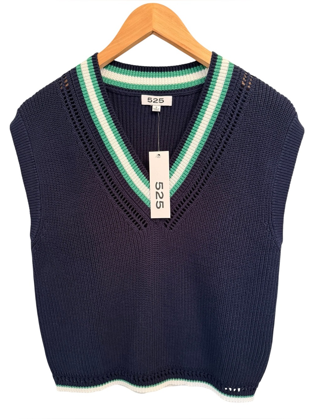 NWT 525 America Chunk Knit Navy Blue Varsity V-Neck Sweater Small